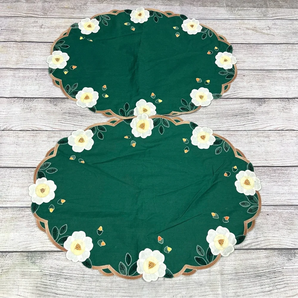 Vintage Placemats Green Blue Red Embroidered Linen Fabric Floral Lot of 6 Boho